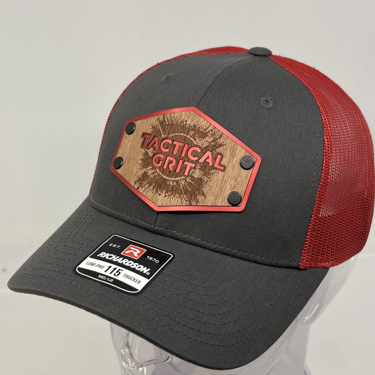 Tactical Grit Wood and Metal Patch Trucker Hat - Charcoal & Red Low Profile
