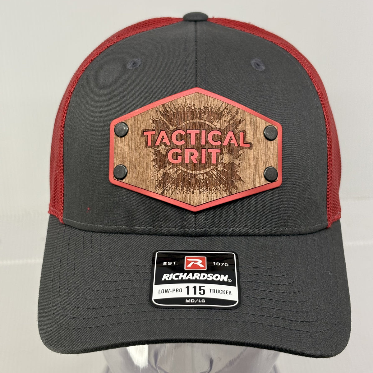 Tactical Grit Wood and Metal Patch Trucker Hat - Charcoal & Red Low Profile