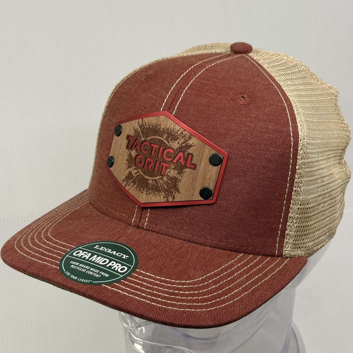 Tactical Grit Wood and Metal Patch Trucker Hat - Distressed Red & Tan