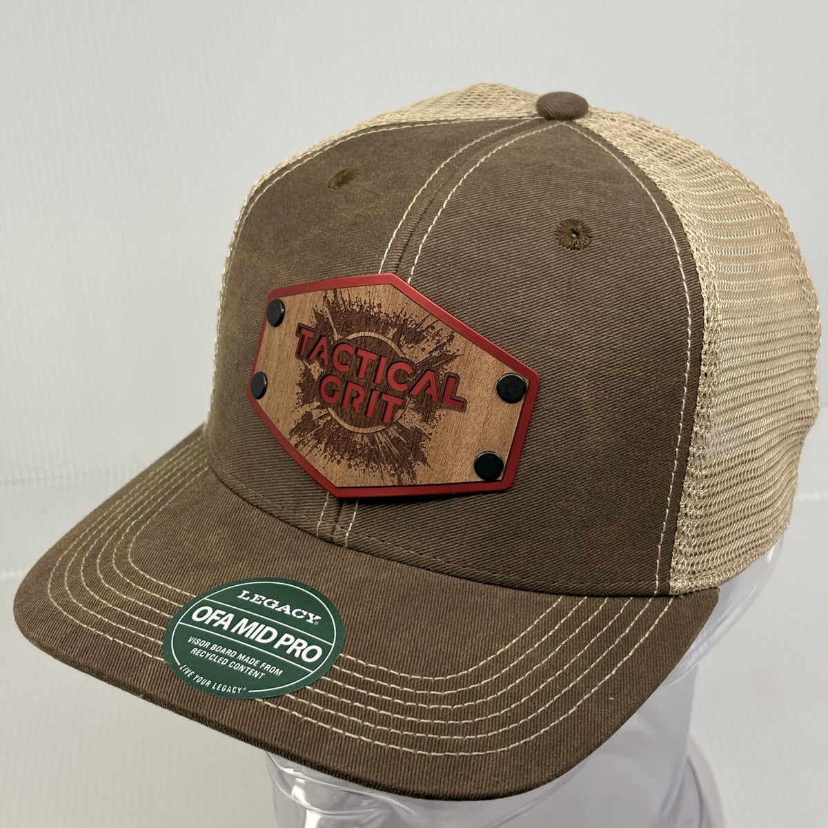 Tactical Grit Wood and Metal Patch Trucker Hat - Distressed Brown & Tan