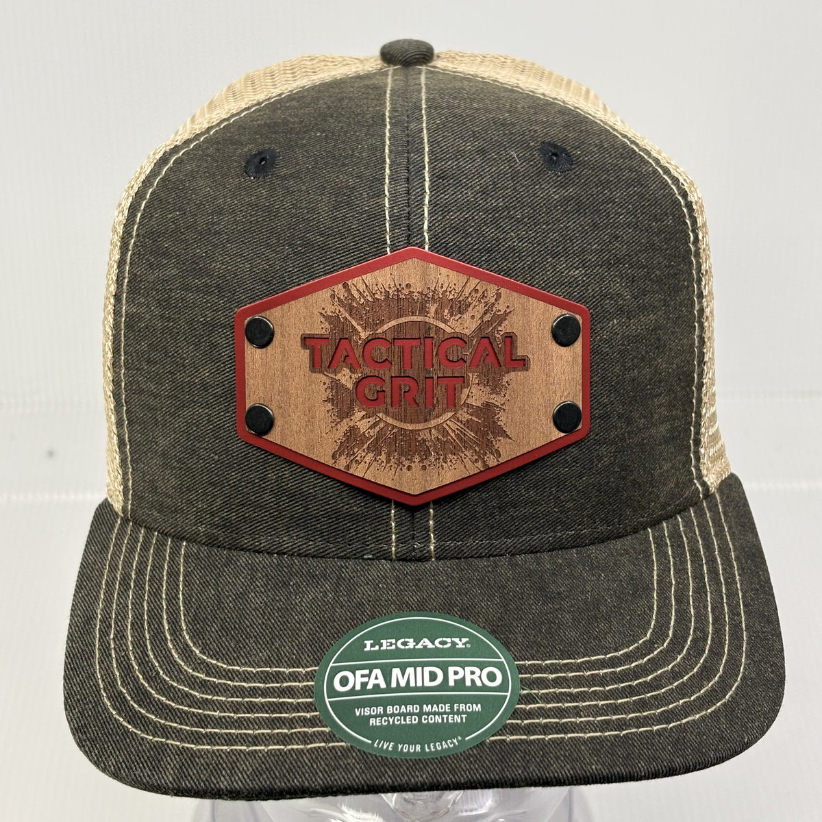 Tactical Grit Wood and Metal Patch Trucker Hat - Distressed Black & Tan