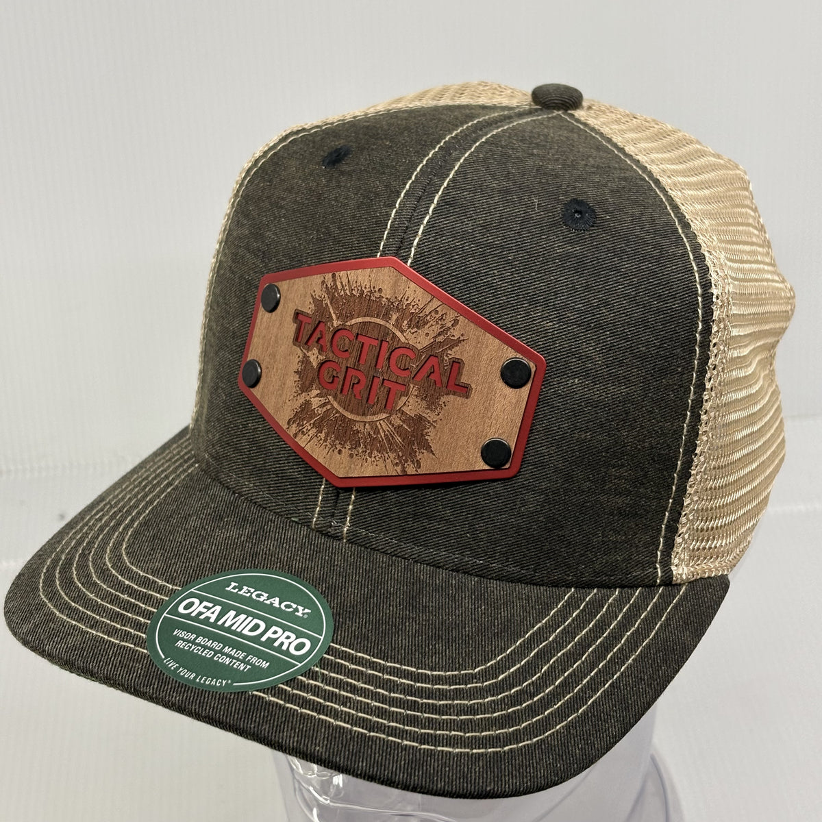 Tactical Grit Wood and Metal Patch Trucker Hat - Distressed Black & Tan